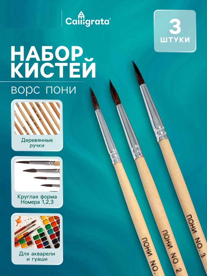 Набор кистей пони круглые 3 штуки (№1,2,3) с дерев.ручками (межд.разм)  