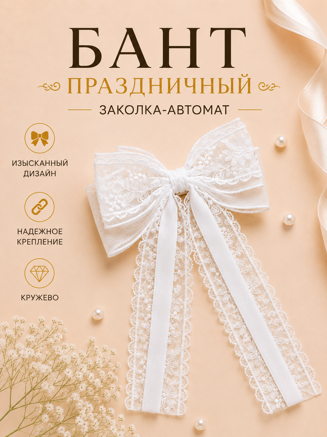 Бант заколка-автомат, белый кружевной,16*8см 