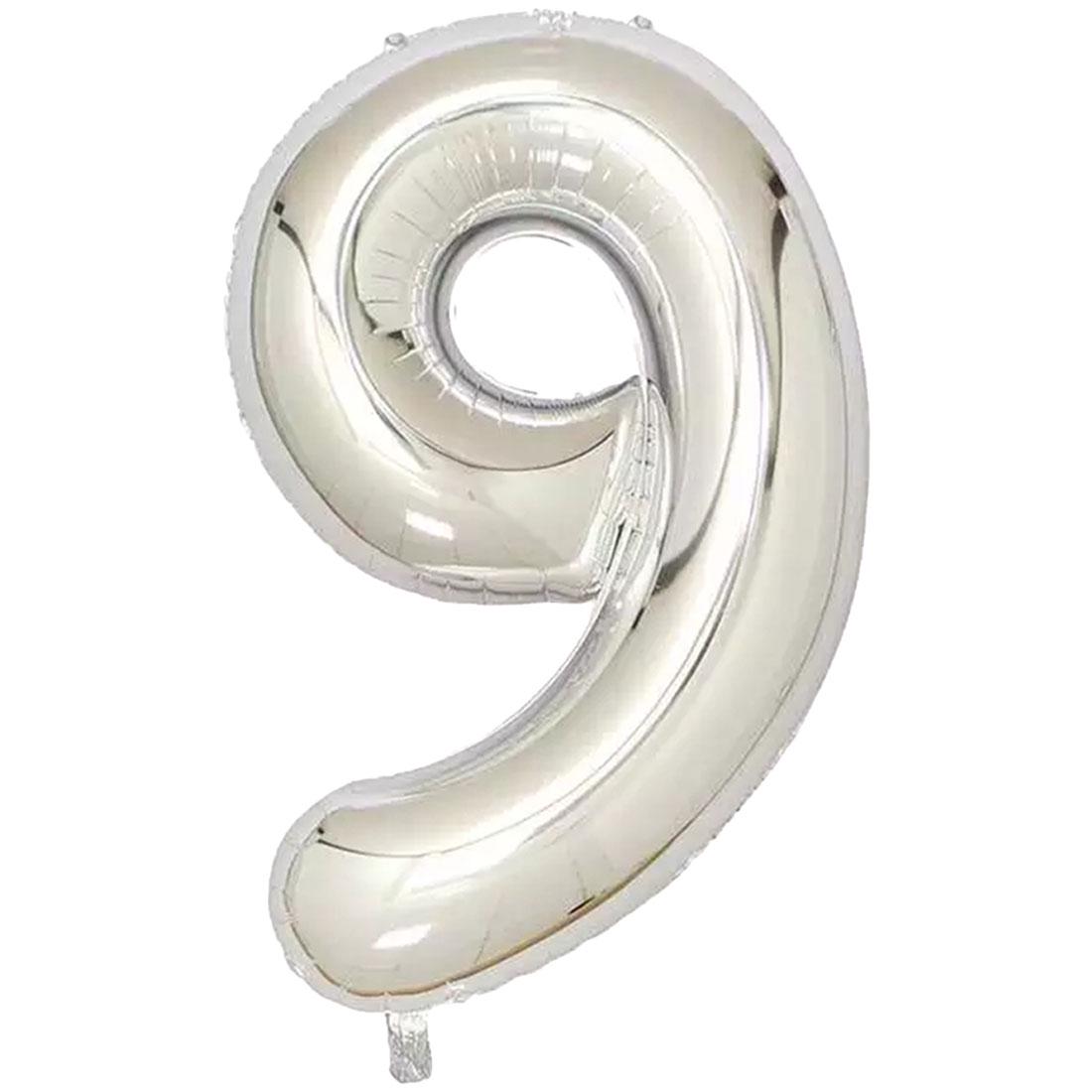 Фольгированный шар цифра "9",серебро, 40д