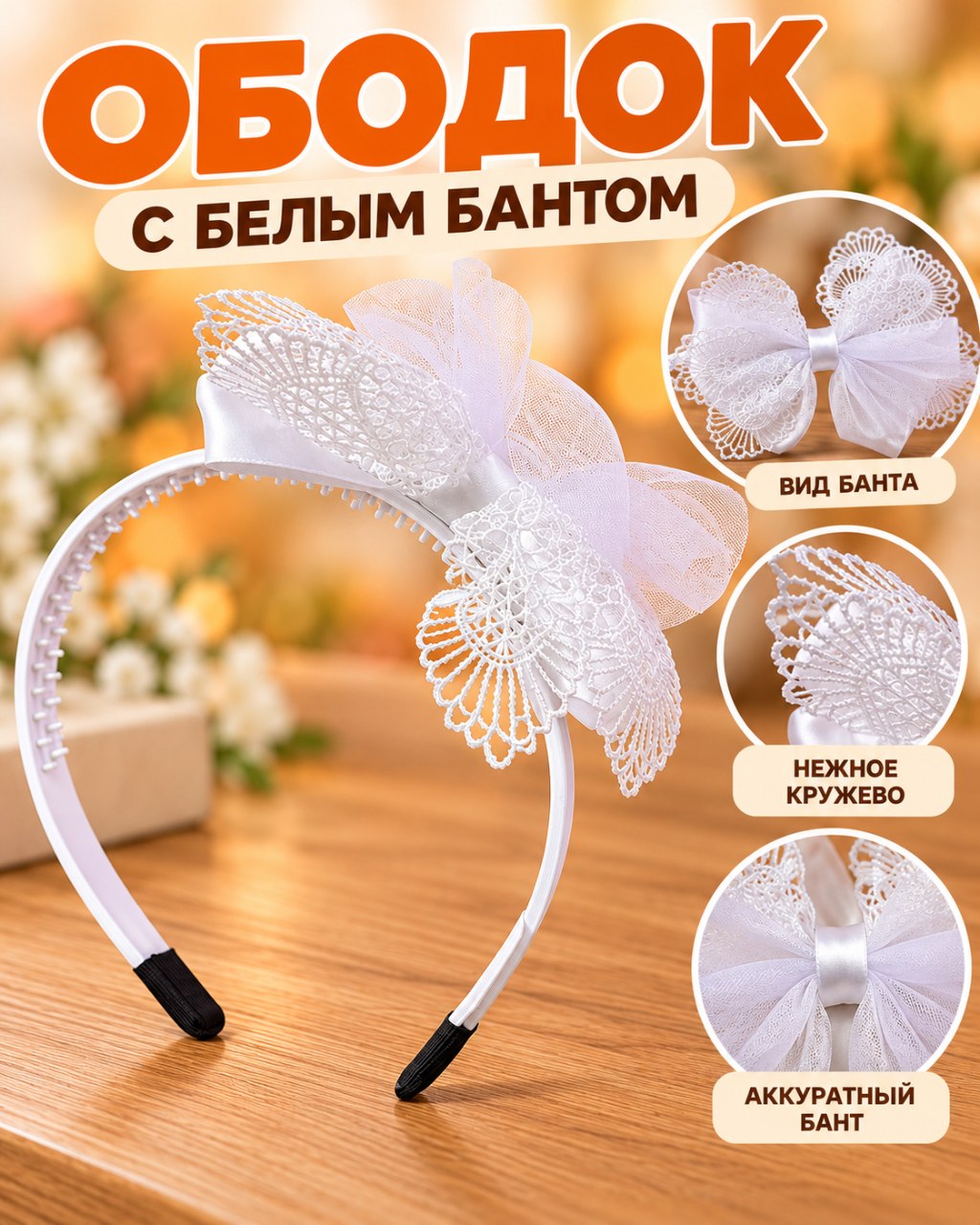 Ободок с белым бантом