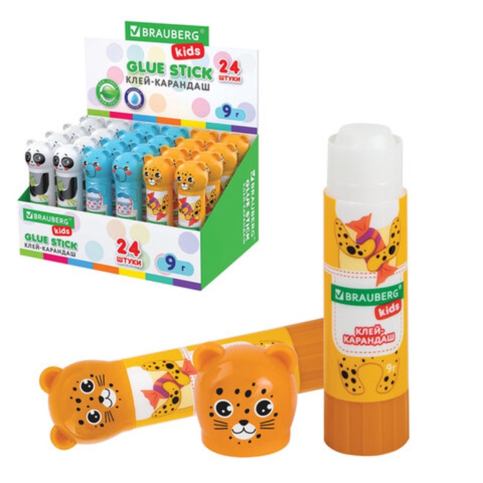 Клей-карандаш PVP 9г BRAUBERG KIDS "Зверята: панда, слон, леопард",МИКС фигурн колп  