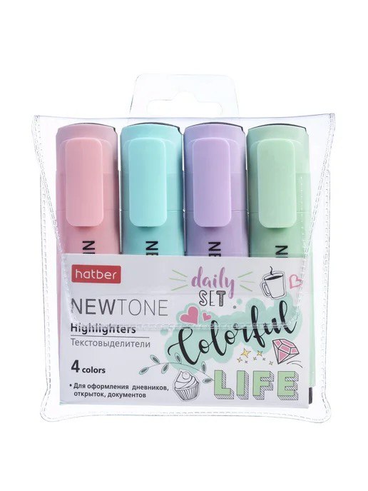 Набор текстовыделителей "Hatber NewTone Pastel", 1-5м, скошенный наконечник, водная основа, 4 цвета 
