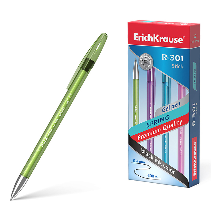 Ручка гелевая ErichKrause R-301 Spring Gel Stick, чернила черные, узел 0.5 мм, длина линии письма 60