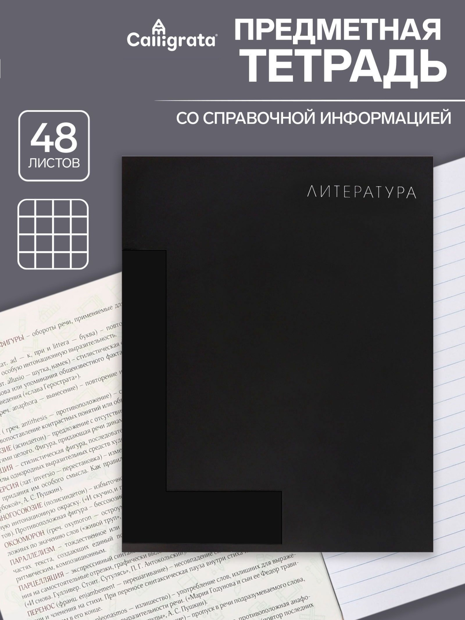 Тетрадь предм BlackTone Calligrata TOP 48л лин Литература, мел карт+S-touch+выб-лак, офсет 