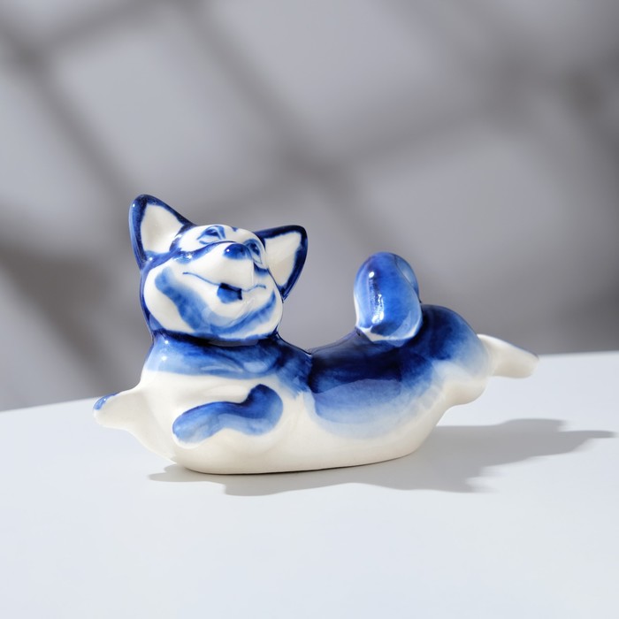 Сувенир cобака "Корги", фарфор, гжель кобальт, 12х8 см   