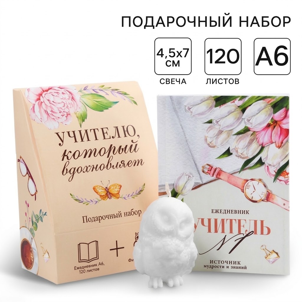 Подарочный набор, ежедневник А6, 120 л., фигурная свеча «Учителю, который вдохновляет»