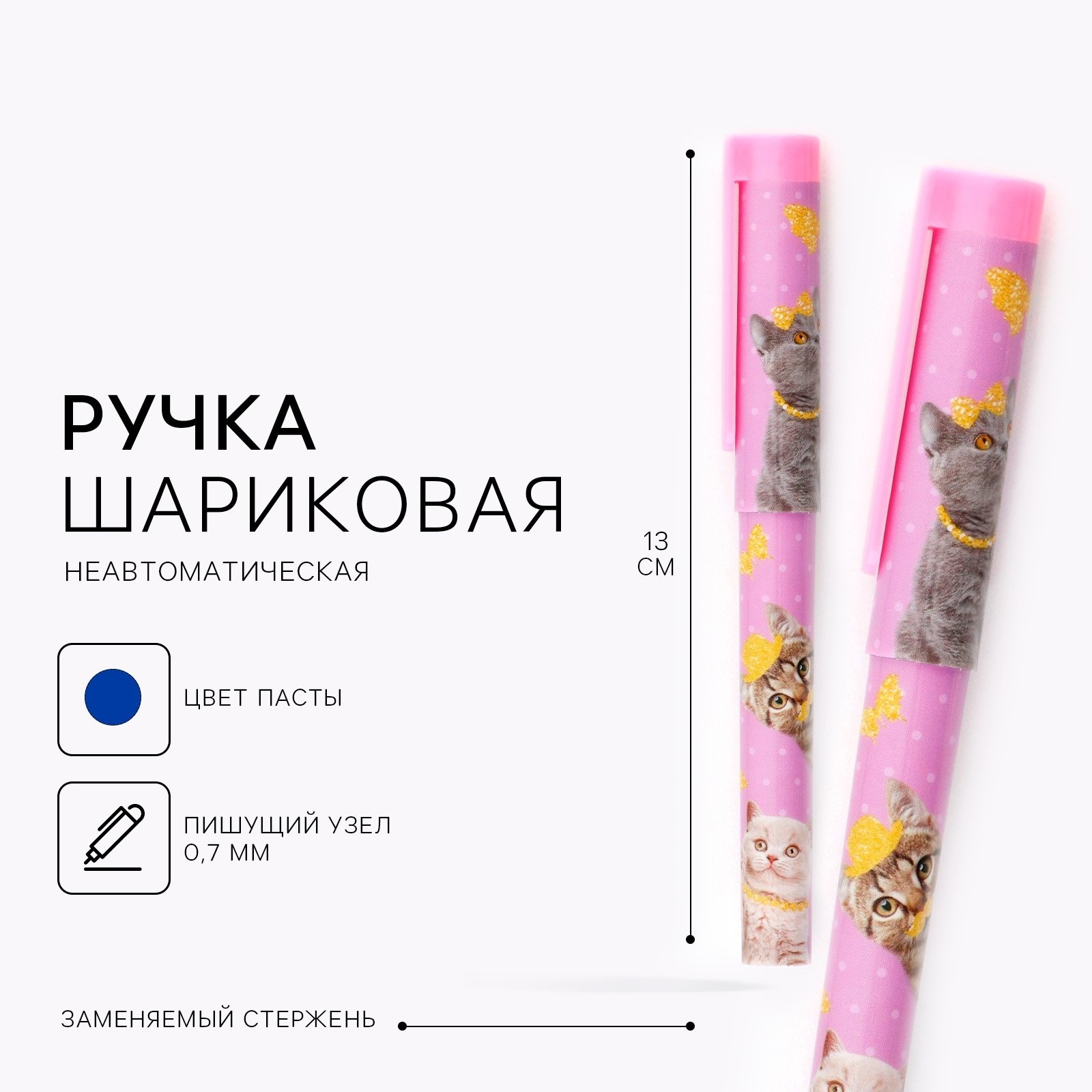 Ручка шариковая синяя паста 0.7 мм с колпачком «Котики» пластик
