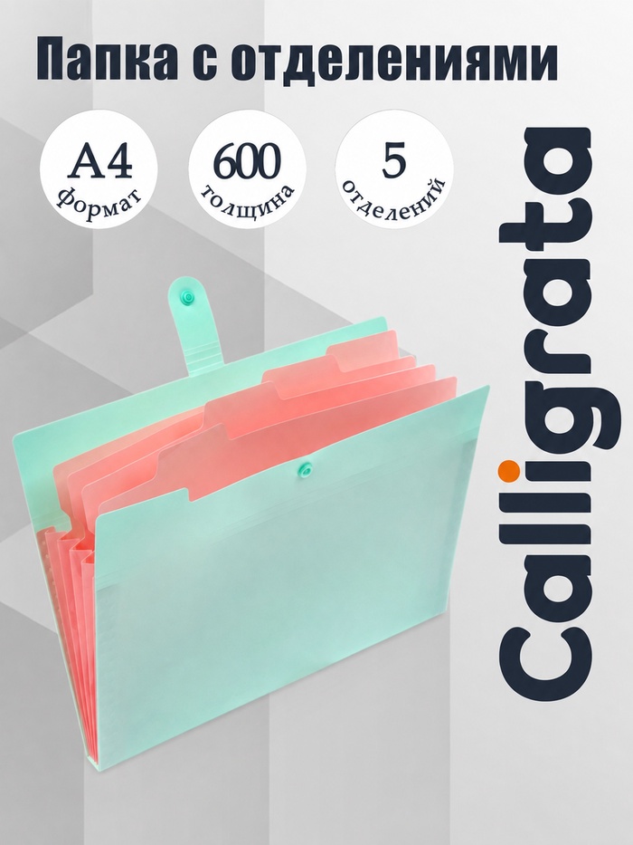 Папка А4, 5 отделений, Calligrata, 600 мкм, на кнопке, зеленая, матовая