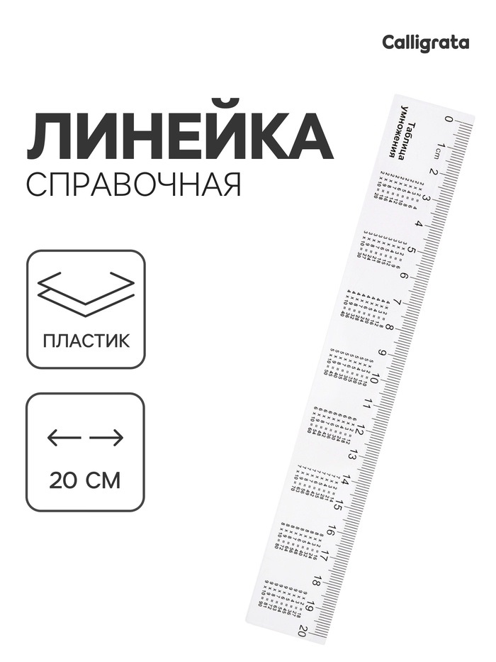 Линейка справочная, 20 см, с таблицей умножения, бесцветная