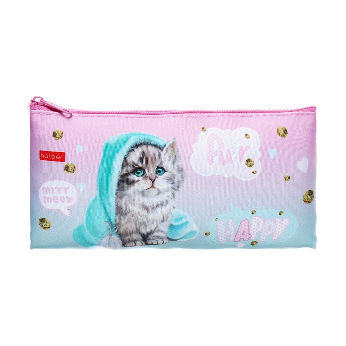 Пенал мягкий, 1 отделение, 110 х 205 мм, плоский, Hatber "Милый котик" розовый/голубой