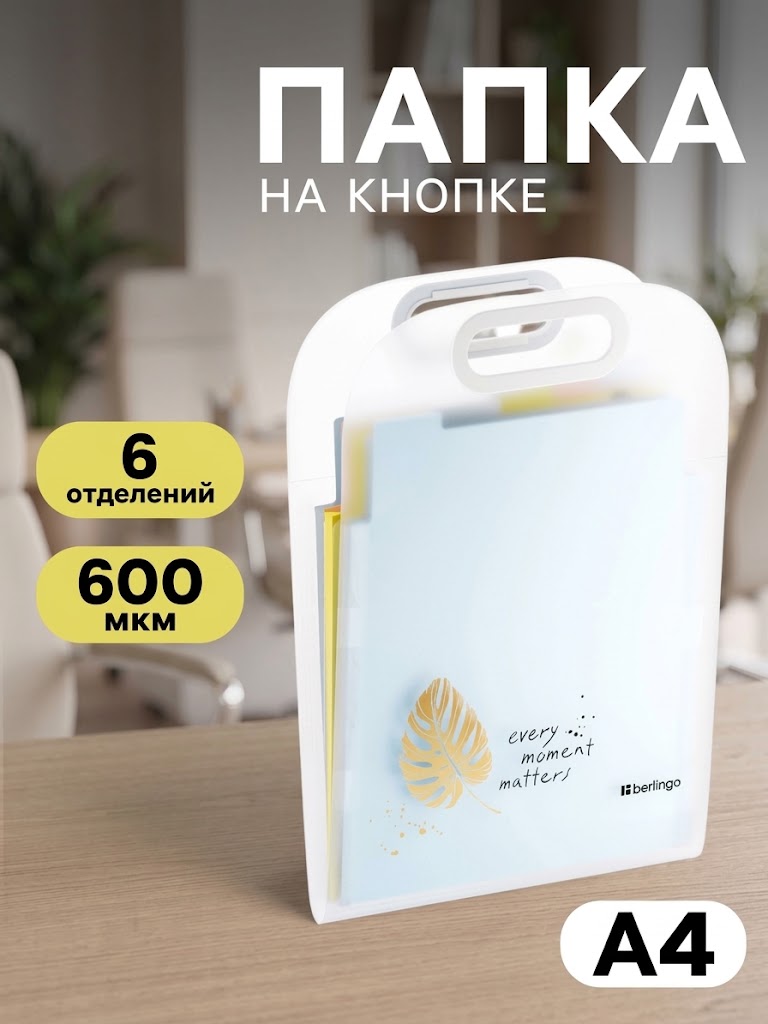 Папка А4 Eco, 6 отделений, 650 мкм, вертикальная, с ручкой, прозрачная, с рисунком