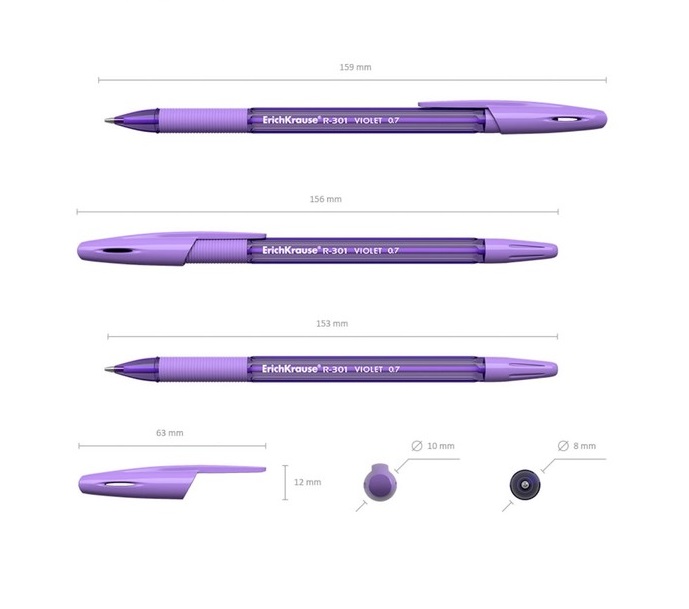 Ручка шариковая Erich Krause R-301 Violet Stick & Grip, узел 0.7 мм