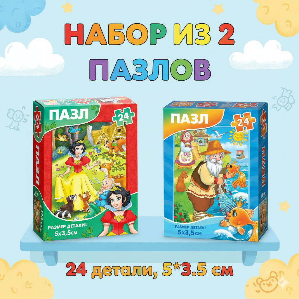 Набор пазлов 2шт."Детские сказки", 24 детали, 5* 3.5 см