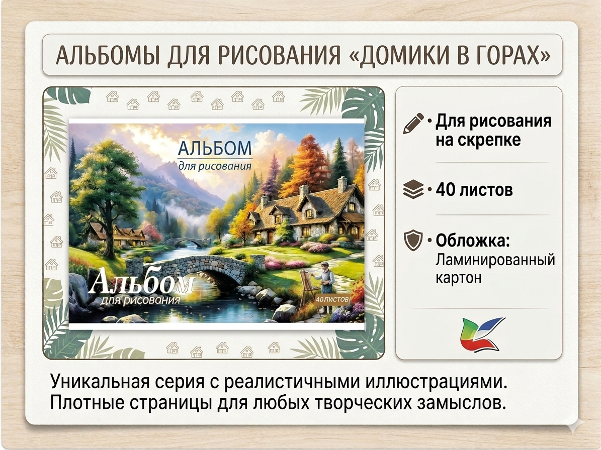 Альбом для рисования на скрепке Yalong 40л Домики в горах