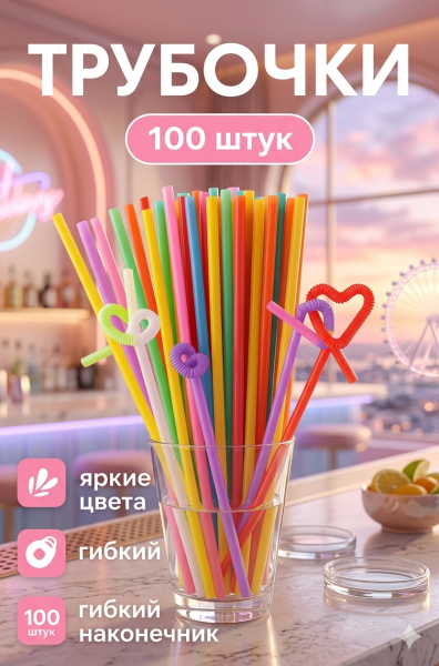 Трубочки одноразовые для коктейля, 0,5×2 см, 100 шт, с гофрой, цвет мик