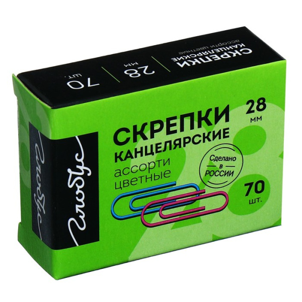 Скрепки канцелярские GLOBUS, 70 шт., 28 мм, цветные