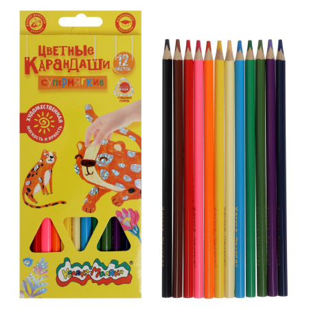 Карандаши цветные «Каляка-Маляка. ПРЕМИУМ», 12 цветов, супермягкие, утолщённый стержень, трёхгранный