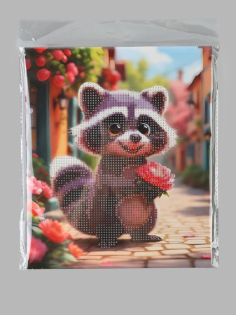 Алмазная мозаика «Енот с лотосом» 21×25 см, с мольбертом