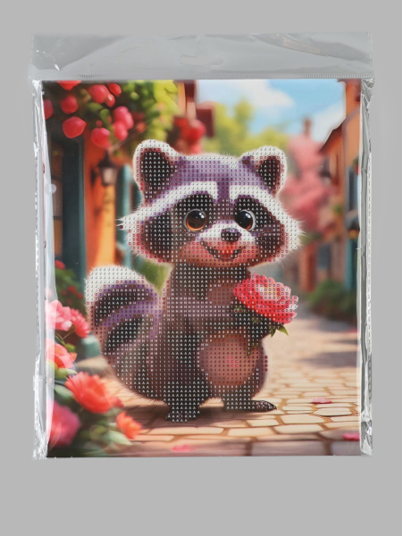 Алмазная мозаика «Енот с лотосом» 21×25 см, с мольбертом