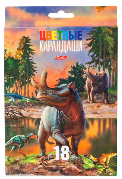 Карандаши "Hatber", 18 цветов, серия "Динозавры", в картонной упаковке