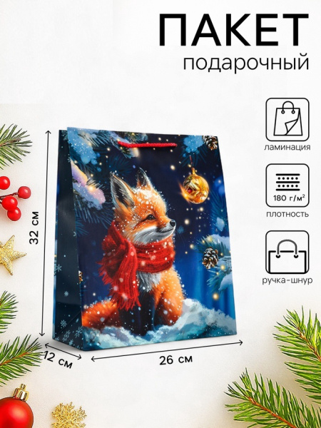 Пакет подарочный новогодний ламинированный, «Лиса», 26×12×32 см