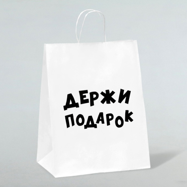 Пакет подарочный с приколами, крафт «Держи подарок», белый, 24 х 10,5 х 32 см 