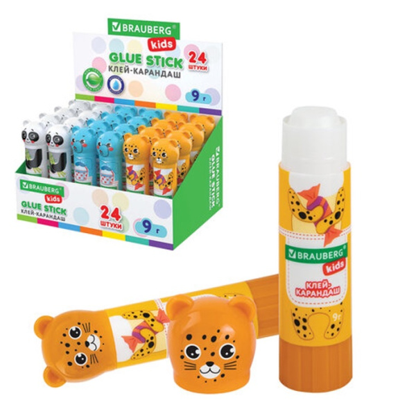Клей-карандаш PVP 9г BRAUBERG KIDS "Зверята: панда, слон, леопард",МИКС фигурн колп  