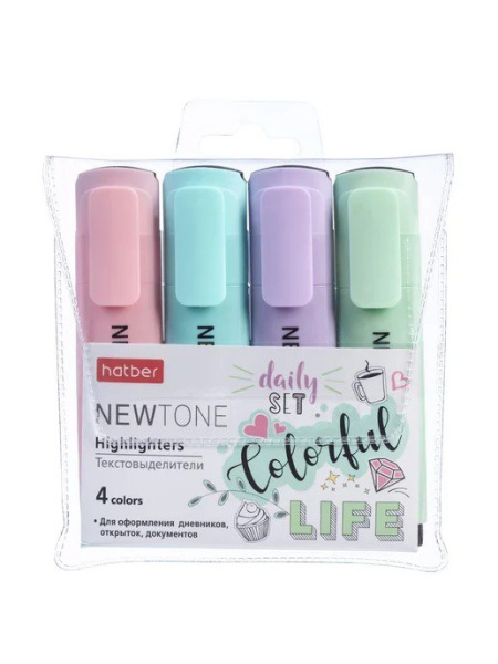 Набор текстовыделителей "Hatber NewTone Pastel", 1-5м, скошенный наконечник, водная основа, 4 цвета 
