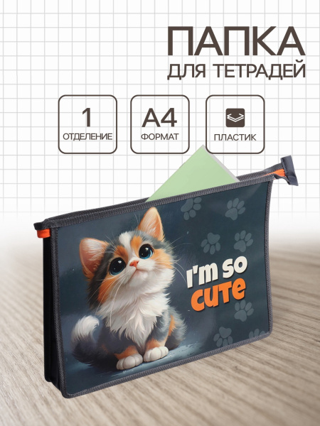 Папка для тетрадей А4 «Котенок», молния сверху, ламинированный картон