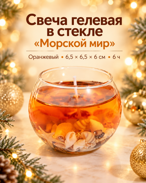 Свеча гелевая в стекле «Морской мир», оранжевый, 6.5×6.5×6 см, 6 ч