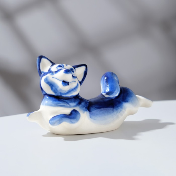 Сувенир cобака "Корги", фарфор, гжель кобальт, 12х8 см   