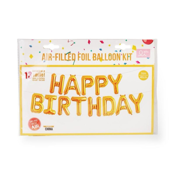 Растяжка надувная "Happy Birthday" 16 дюймов, золото