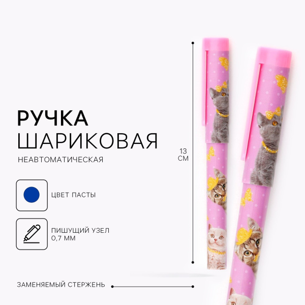 Ручка шариковая синяя паста 0.7 мм с колпачком «Котики» пластик