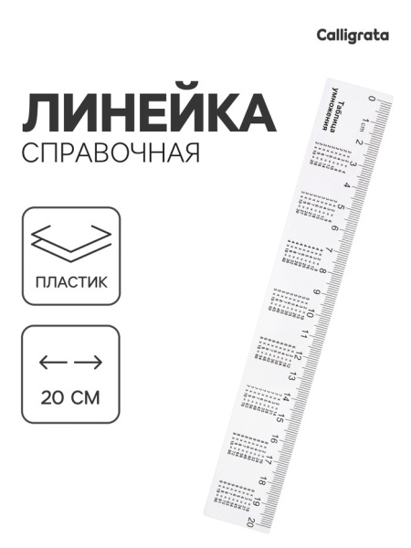 Линейка справочная, 20 см, с таблицей умножения, бесцветная