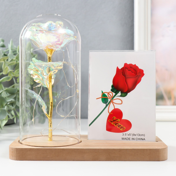 Фоторамка 9х13 см свет "Голография. Роза в колбе" от батареек 2хLR1130 9,8х19,5х18 см