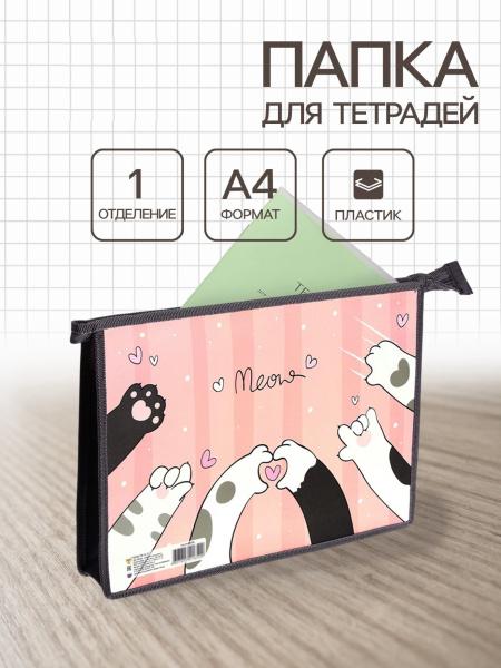 Папка для тетрадей А4 «Кошачьи лапки», молния сверху