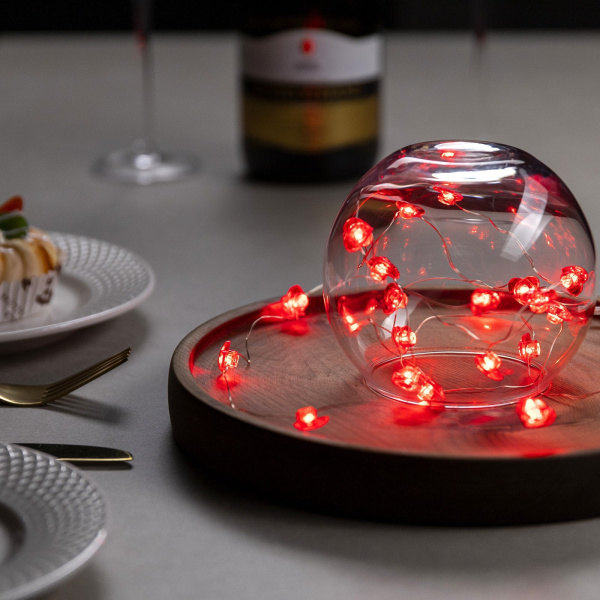Гирлянда «Нить» 2 м роса с насадками «Сердце», IP20, серебристая нить, 20 LED, свечение красное, 2 р