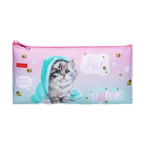 Пенал мягкий, 1 отделение, 110 х 205 мм, плоский, Hatber "Милый котик" розовый/голубой