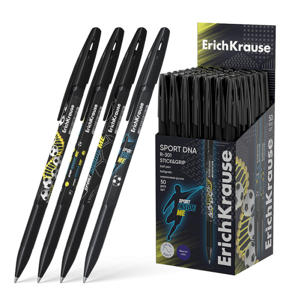 Ручка шариковая ErichKrause R-301 Stick&Grip "Sport DNA", узел 0.7мм, синяя, резиновый держатель