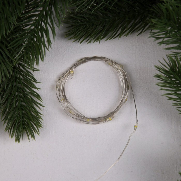 Гирлянда «Нить» 2 м роса, IP20, серебристая нить, 20 LED, 3 режима, батарейки AG13х3, тёплое белое 