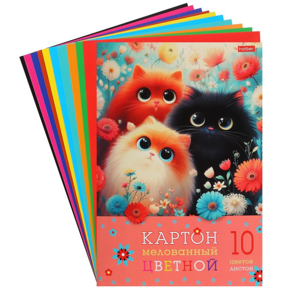 Цветной картон 10л.10цв. (Хатбер) Пушистые лапки односторонний мелованный (папка) 