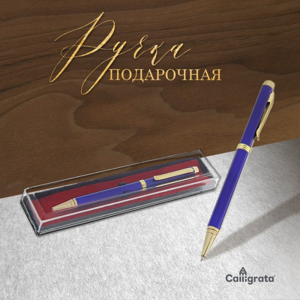 Ручка подарочная, шариковая, в пластиковом футляре, поворотная, "Эксперт", синяя с золотистыми встав