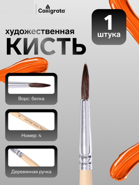 Кисть белка круглая № 4 ручка дерево (международный размер) 