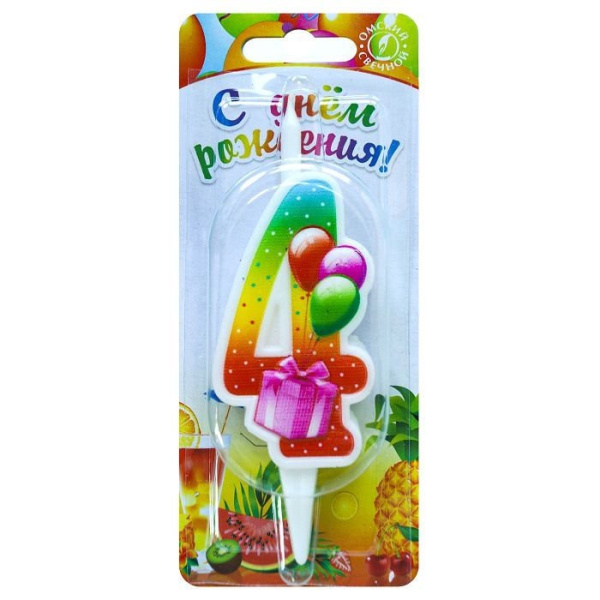 Свеча в торт "С подарком", цифра "4",  7,5см