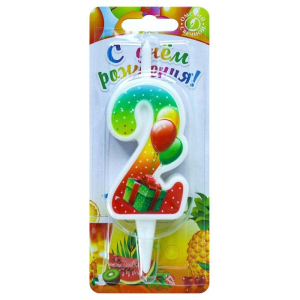 Свеча в торт "С подарком", цифра "2",  7,5см