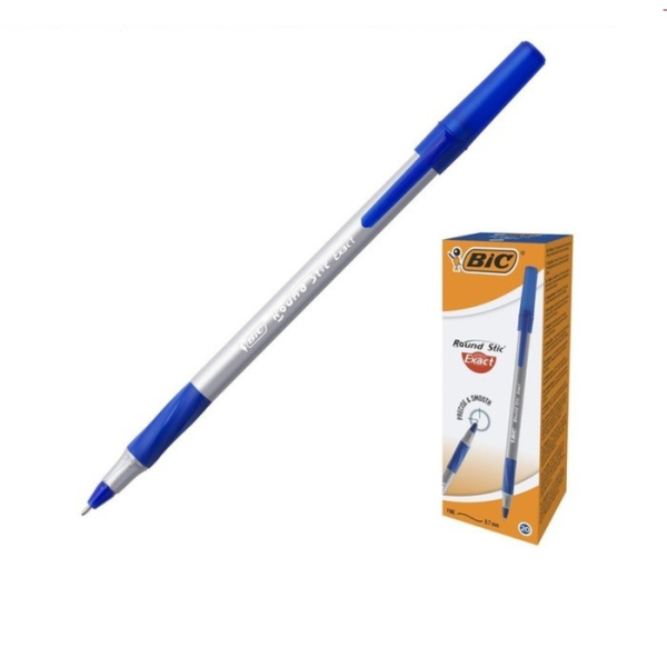 Ручка шариковая, синяя, тонкое письмо, резиновый упор, BIC Round Stic Exact