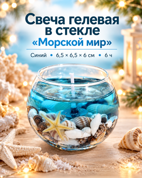 Свеча гелевая в стекле «Морской мир», синий, 6.5×6.5×6 см, 6 ч