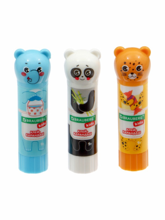 Клей-карандаш PVP 9г BRAUBERG KIDS "Зверята: панда, слон, леопард",МИКС фигурн колп  