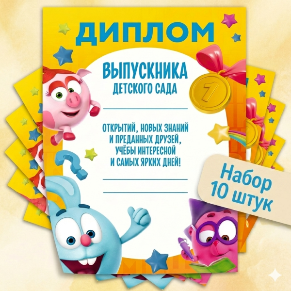 Набор дипломов для выпускников детского сада, Смешарики, 10 шт.
