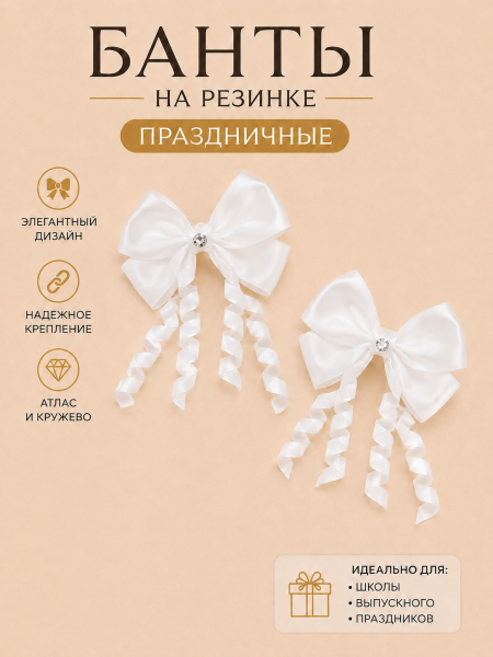 Банты атласные на резинке с пружинками, белые, 2шт, 9*5см